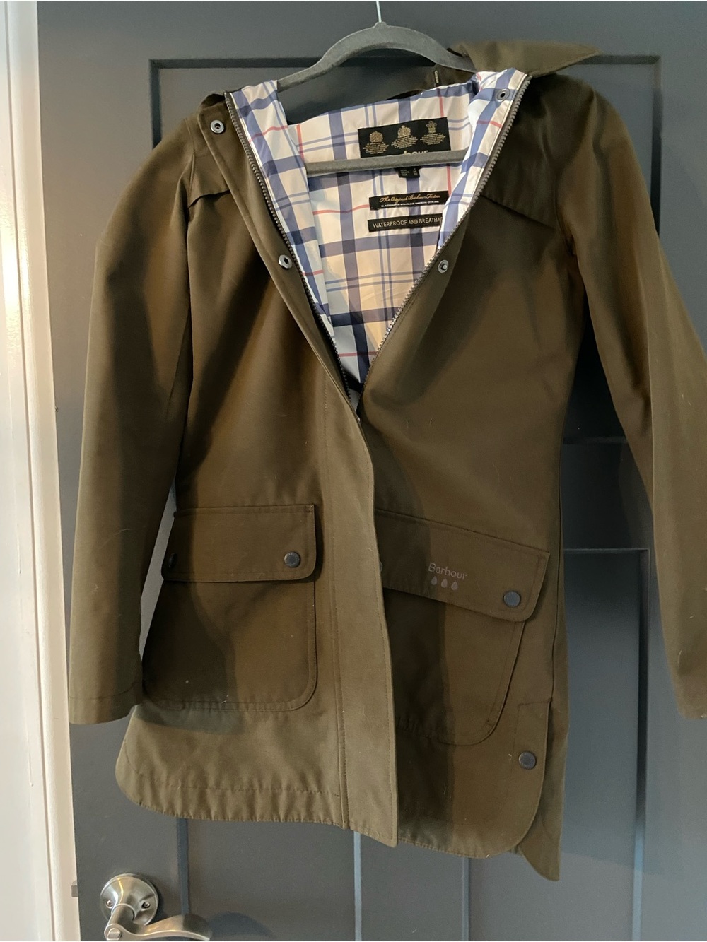 Barbour Olive Green Hooded  Raincoat with Plaid Lining